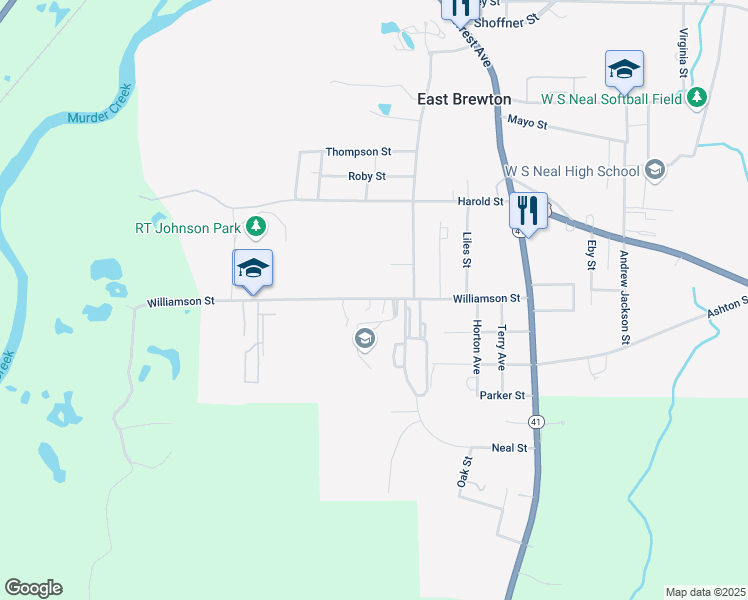map of restaurants, bars, coffee shops, grocery stores, and more near 717 Williamson Street in East Brewton