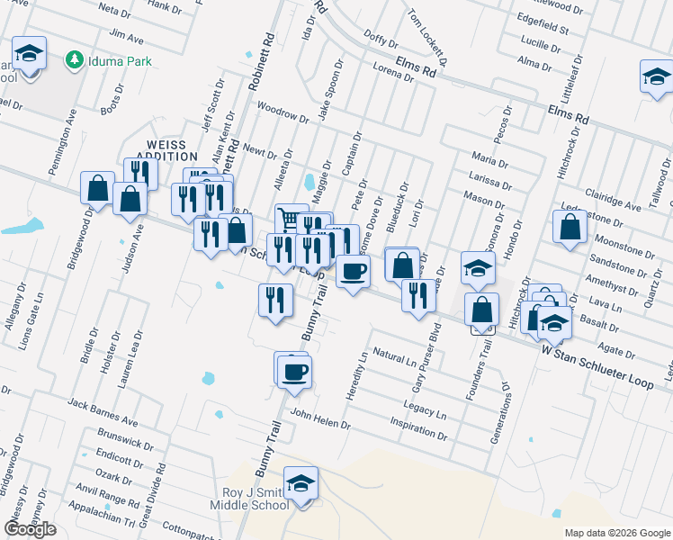 map of restaurants, bars, coffee shops, grocery stores, and more near 3301 West Stan Schlueter Loop in Killeen