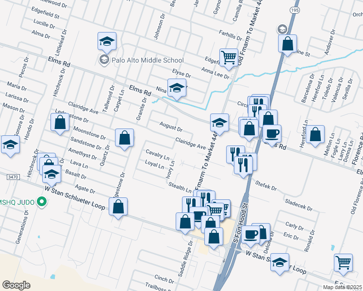 map of restaurants, bars, coffee shops, grocery stores, and more near 1104 Clairidge Avenue in Killeen
