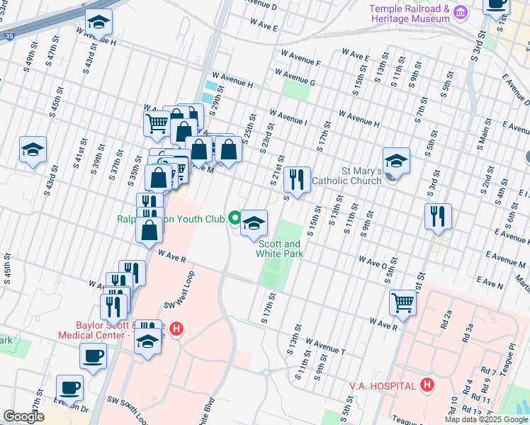 map of restaurants, bars, coffee shops, grocery stores, and more near 1300 South 21st Street in Temple