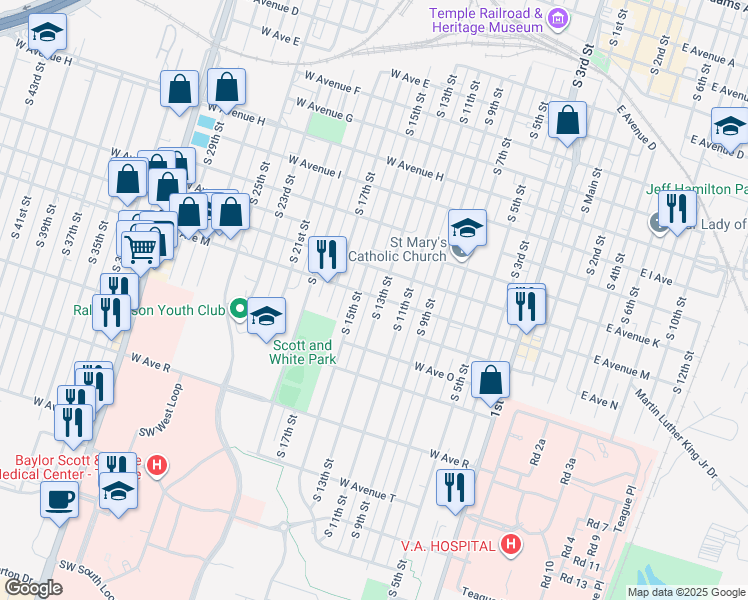 map of restaurants, bars, coffee shops, grocery stores, and more near 1302 South 13th Street in Temple