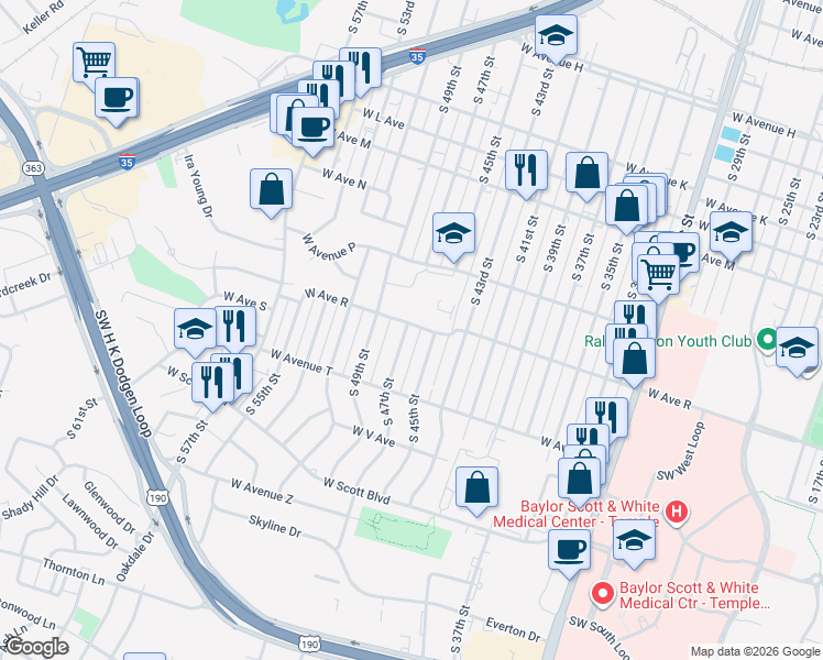 map of restaurants, bars, coffee shops, grocery stores, and more near 2312 R Avenue in Temple