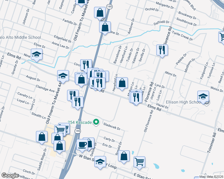 map of restaurants, bars, coffee shops, grocery stores, and more near 3903 Hereford Lane in Killeen