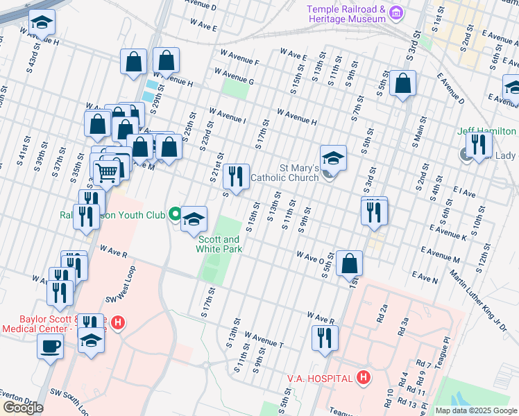 map of restaurants, bars, coffee shops, grocery stores, and more near 1302 South 13th Street in Temple
