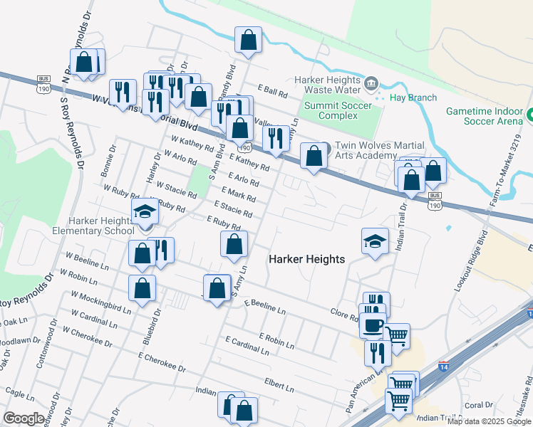 map of restaurants, bars, coffee shops, grocery stores, and more near 305 North Amy Lane in Harker Heights