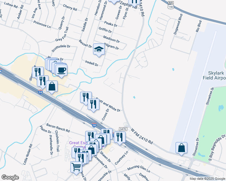 map of restaurants, bars, coffee shops, grocery stores, and more near 3709 Malibu Lane in Killeen