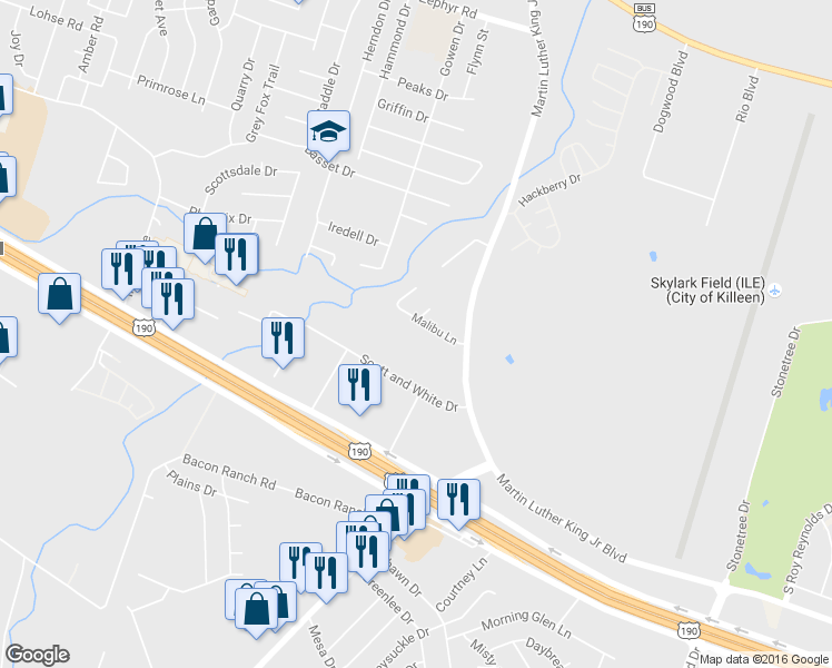 map of restaurants, bars, coffee shops, grocery stores, and more near 3700 Malibu Lane in Killeen