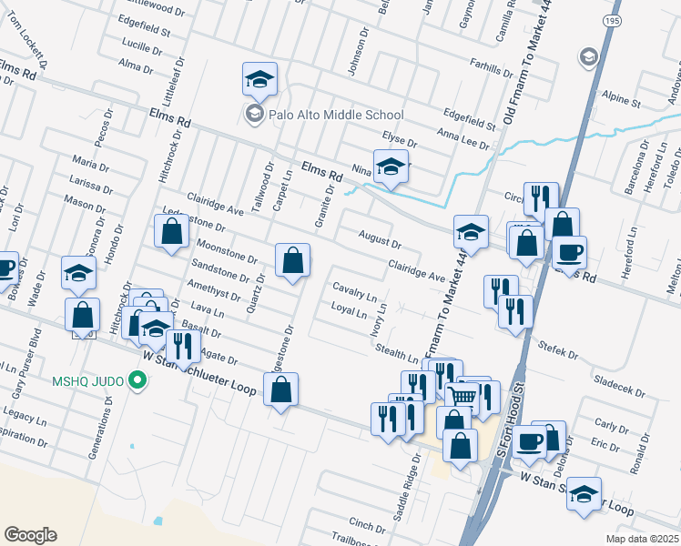 map of restaurants, bars, coffee shops, grocery stores, and more near 4106 Cambridge Drive in Killeen