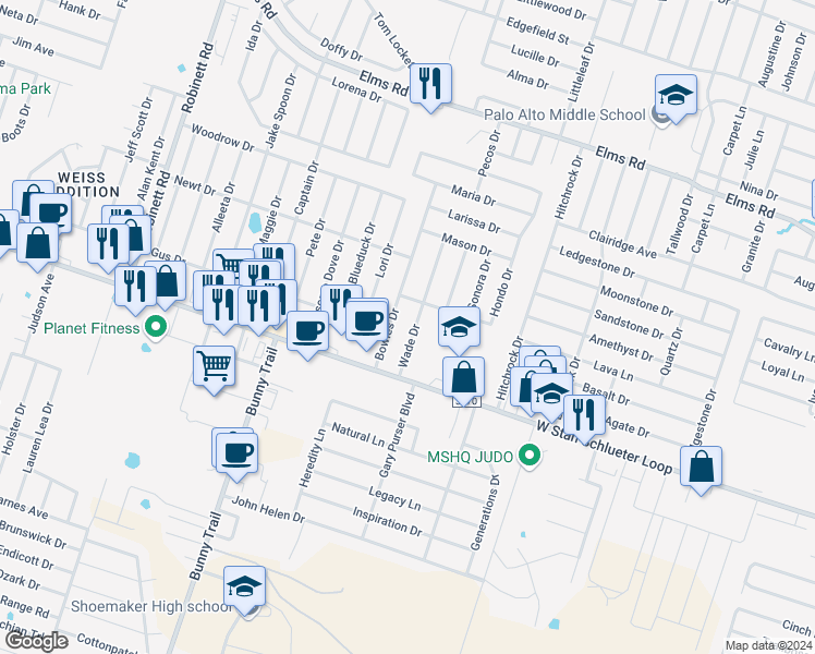 map of restaurants, bars, coffee shops, grocery stores, and more near 4603 Bowles Drive in Killeen