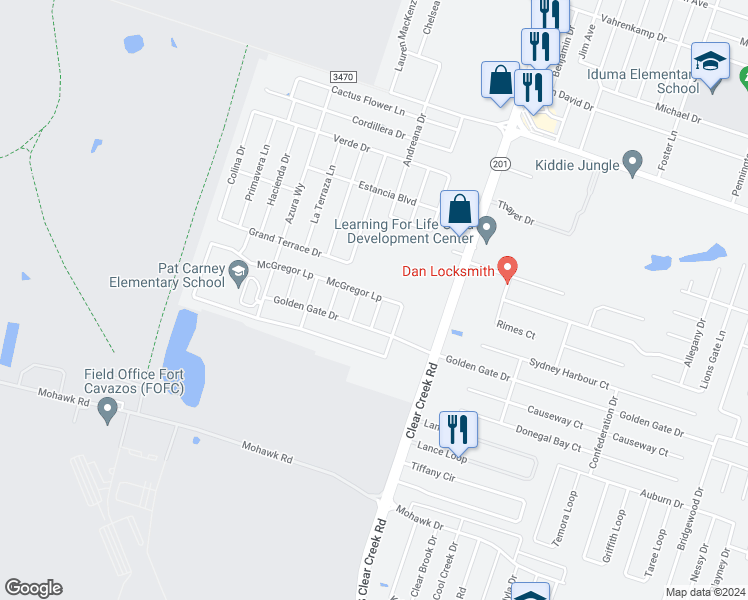 map of restaurants, bars, coffee shops, grocery stores, and more near 6000 Grand Terrace Drive in Killeen