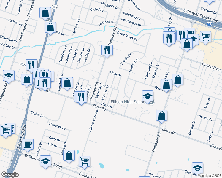 map of restaurants, bars, coffee shops, grocery stores, and more near 127 Rosie Lane in Killeen