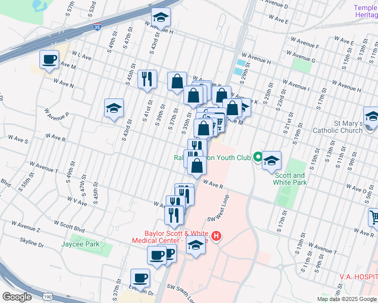 map of restaurants, bars, coffee shops, grocery stores, and more near 1602 South 33rd Street in Temple