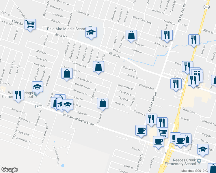 map of restaurants, bars, coffee shops, grocery stores, and more near 1801 Moonstone Drive in Killeen