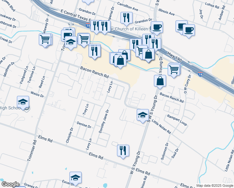 map of restaurants, bars, coffee shops, grocery stores, and more near 3010 Nancy Jane Drive in Killeen