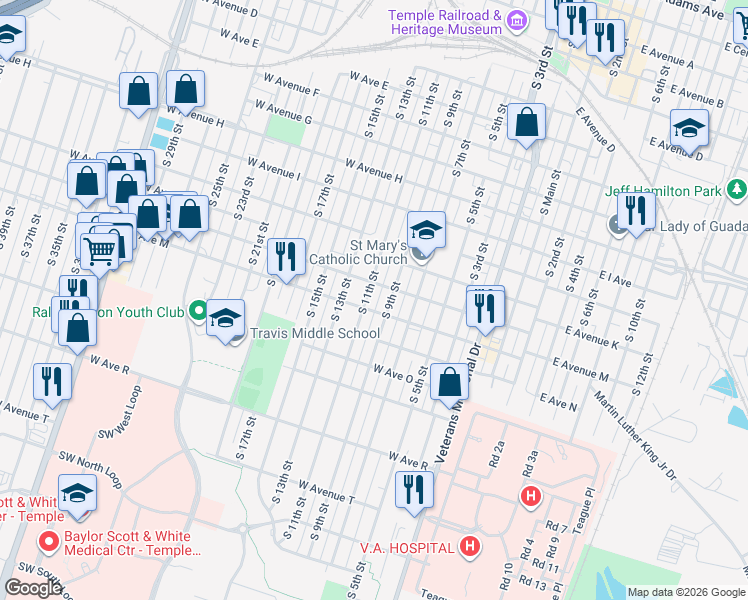 map of restaurants, bars, coffee shops, grocery stores, and more near 1217 S 11th St in Temple
