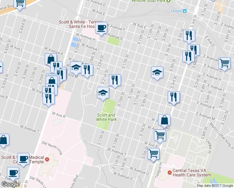 map of restaurants, bars, coffee shops, grocery stores, and more near 1309 South 17th Street in Temple