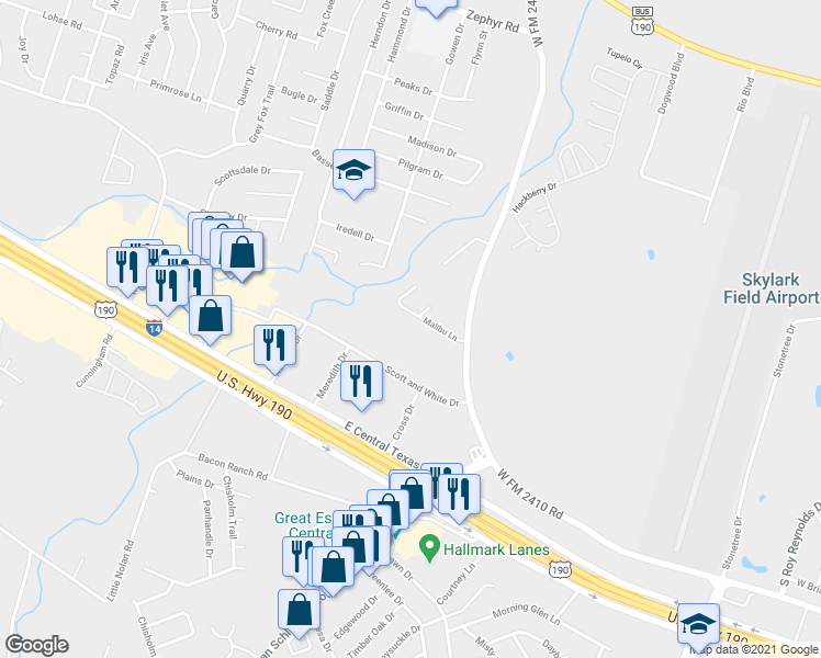 map of restaurants, bars, coffee shops, grocery stores, and more near 3612 Malibu Lane in Killeen