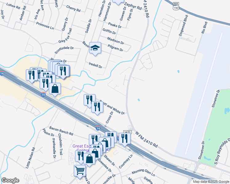 map of restaurants, bars, coffee shops, grocery stores, and more near 3700 Malibu Lane in Killeen