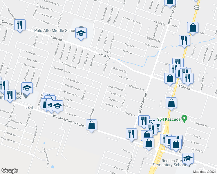 map of restaurants, bars, coffee shops, grocery stores, and more near 4106 Cambridge Drive in Killeen