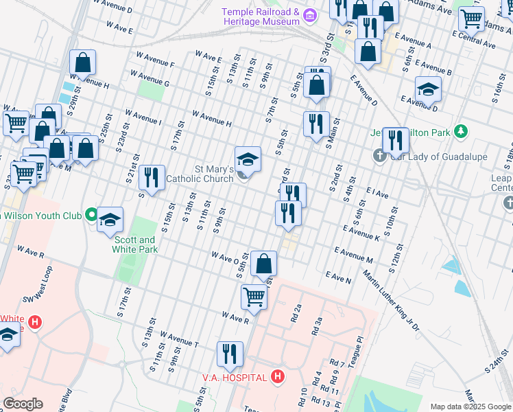 map of restaurants, bars, coffee shops, grocery stores, and more near 1118 S 5th St in Temple
