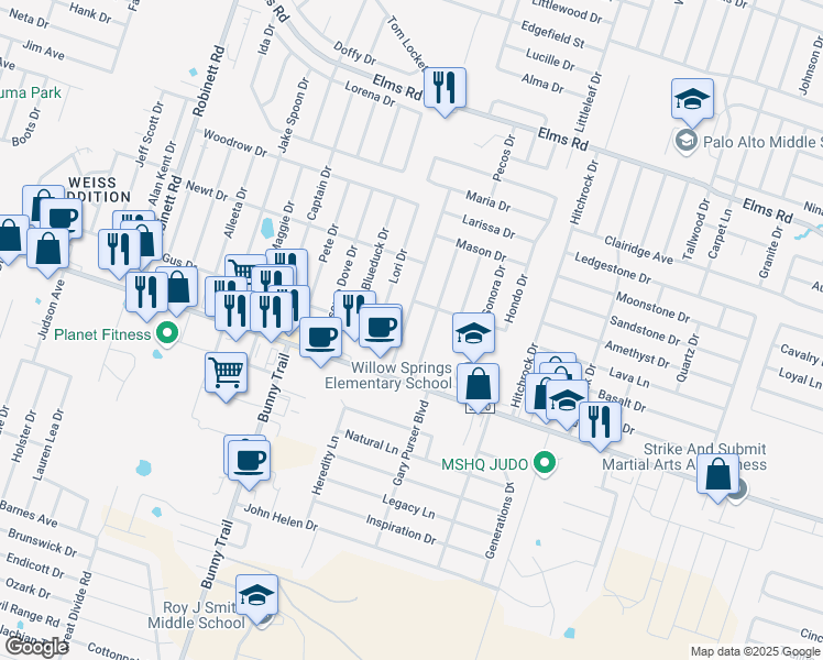 map of restaurants, bars, coffee shops, grocery stores, and more near 4600 Bowles Drive in Killeen