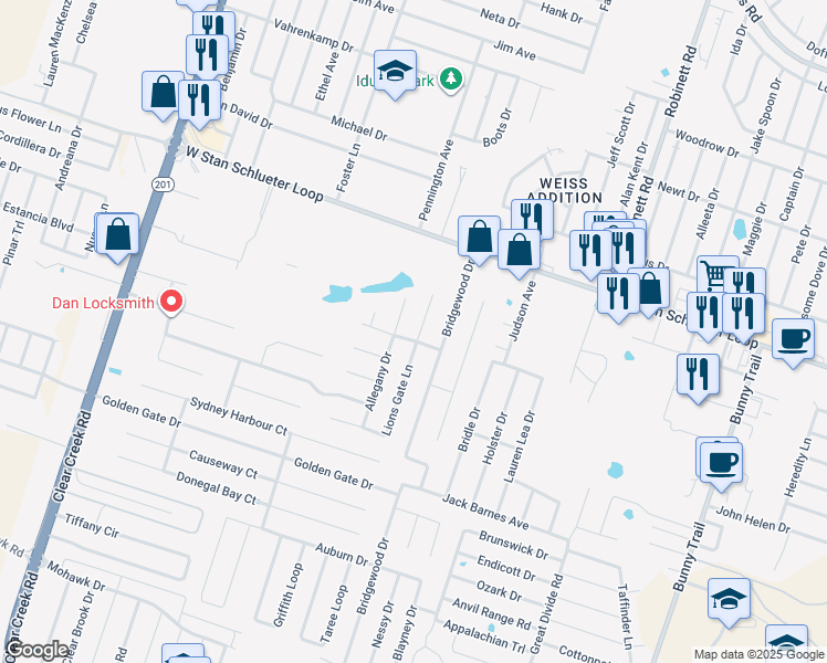 map of restaurants, bars, coffee shops, grocery stores, and more near 5013 Lions Gate Lane in Killeen