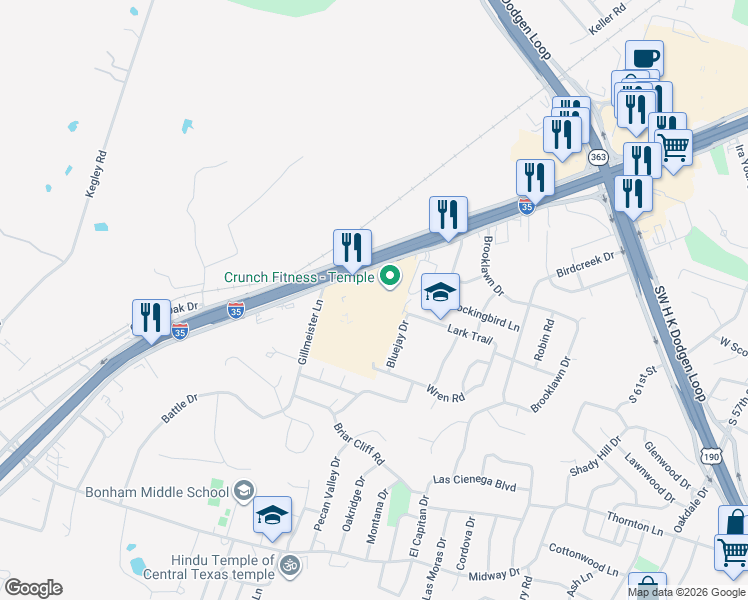 map of restaurants, bars, coffee shops, grocery stores, and more near Unnamed Road in Temple