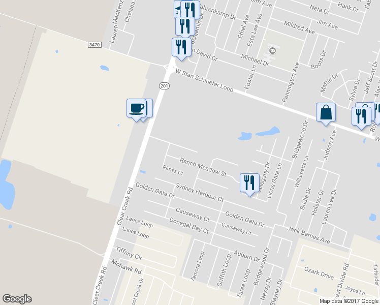 map of restaurants, bars, coffee shops, grocery stores, and more near 5200 Rimes Ranch Drive in Killeen