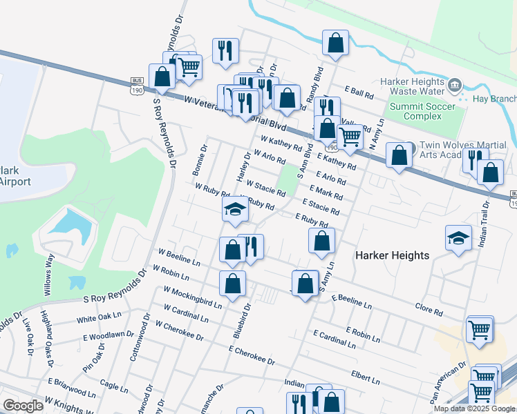 map of restaurants, bars, coffee shops, grocery stores, and more near 111 West Ruby Road in Harker Heights