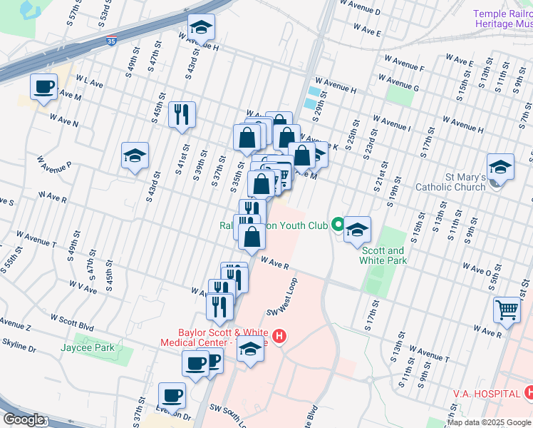 map of restaurants, bars, coffee shops, grocery stores, and more near 1516 South 31st Street in Temple