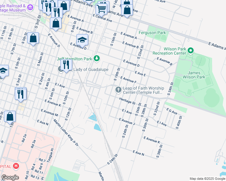 map of restaurants, bars, coffee shops, grocery stores, and more near 709 South 18th Street in Temple