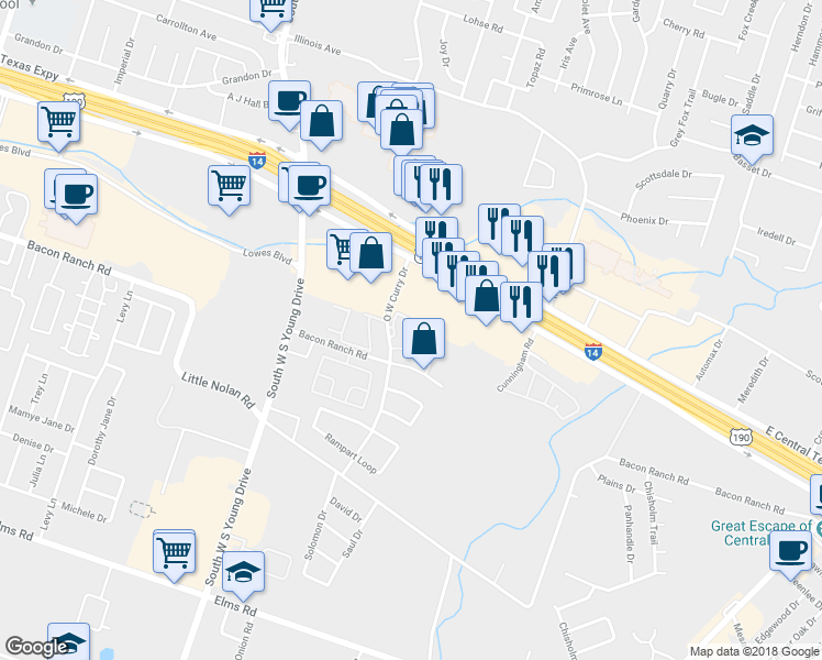 map of restaurants, bars, coffee shops, grocery stores, and more near 2801 O W Curry Drive in Killeen