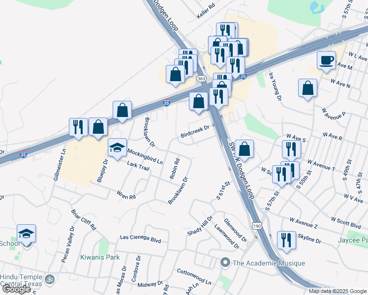 map of restaurants, bars, coffee shops, grocery stores, and more near 2305 Birdcreek Terrace in Temple