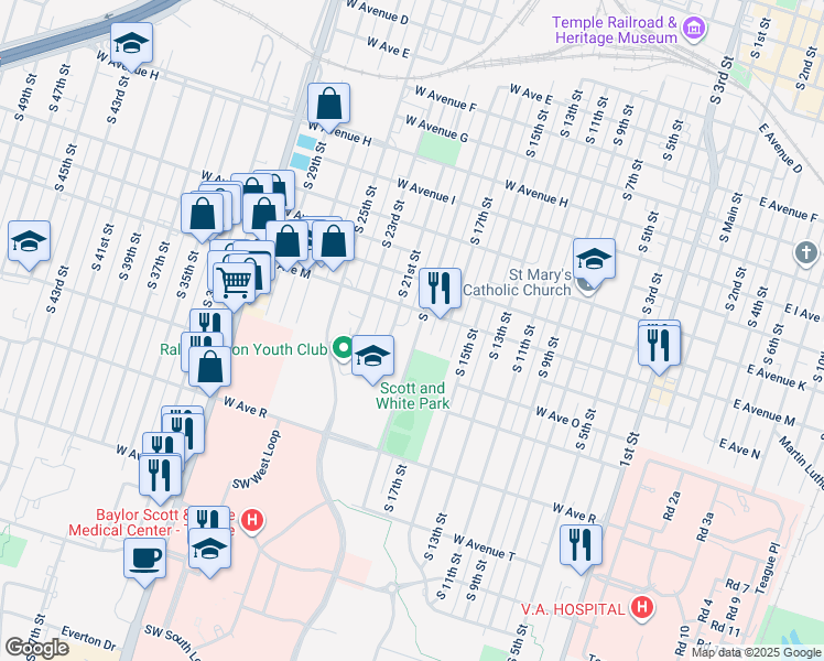 map of restaurants, bars, coffee shops, grocery stores, and more near 1310 South 19th Street in Temple
