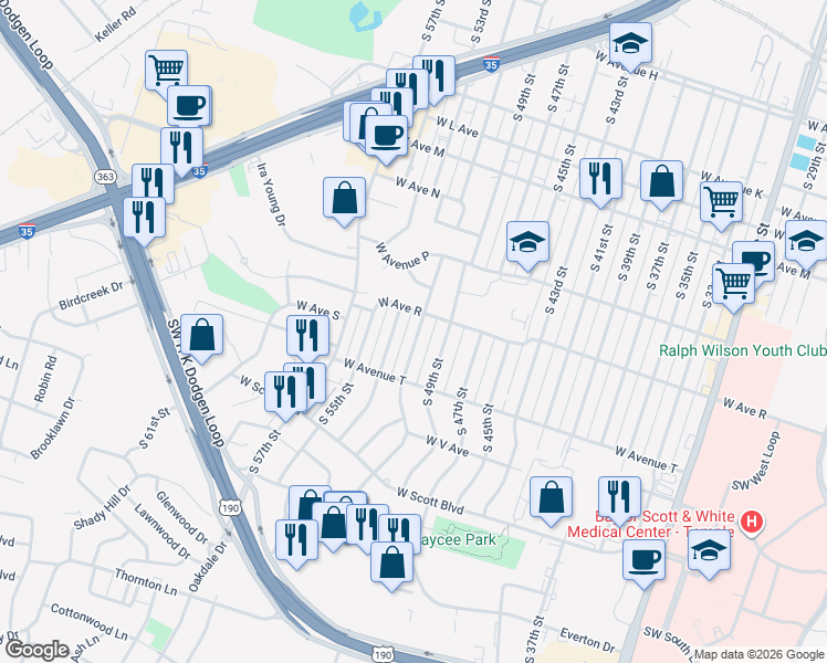 map of restaurants, bars, coffee shops, grocery stores, and more near 1814 South 51st Street in Temple