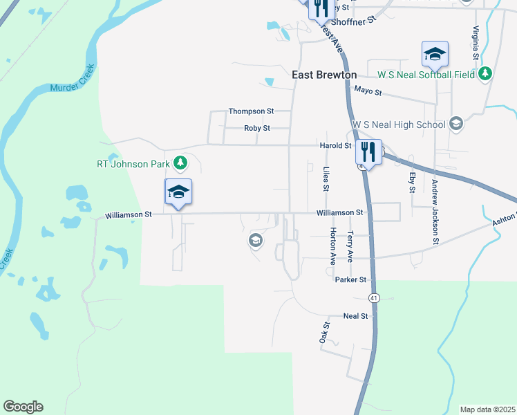 map of restaurants, bars, coffee shops, grocery stores, and more near 717 Williamson Street in East Brewton