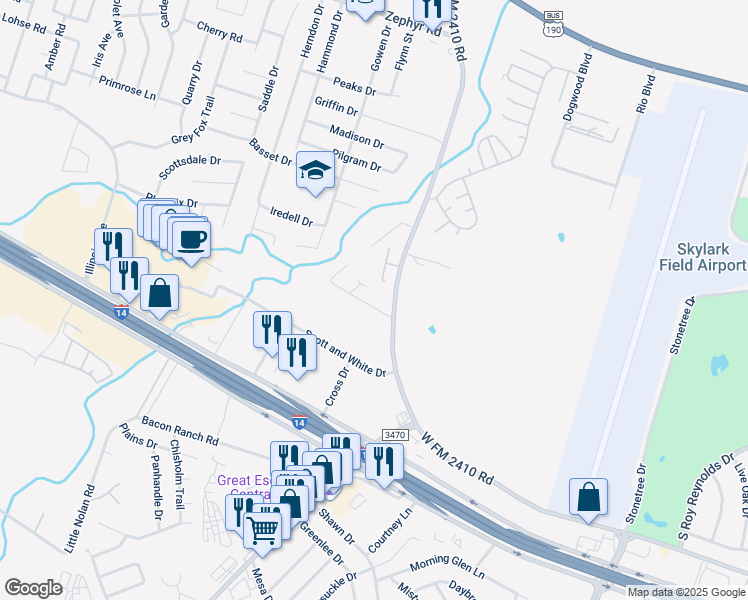 map of restaurants, bars, coffee shops, grocery stores, and more near 3709 Malibu Lane in Killeen