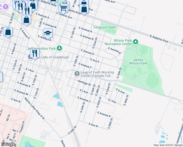 map of restaurants, bars, coffee shops, grocery stores, and more near 615 South Terrace Street in Temple