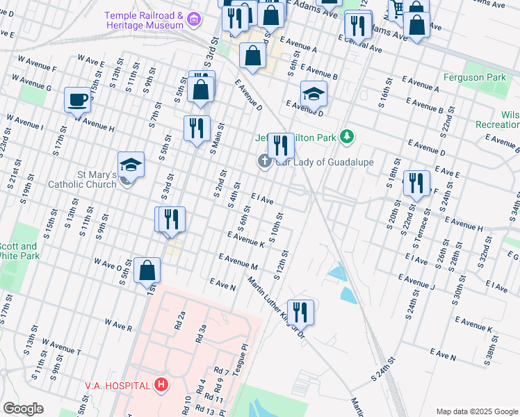 map of restaurants, bars, coffee shops, grocery stores, and more near 912 Martin Luther King Junior Drive in Temple