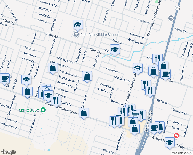 map of restaurants, bars, coffee shops, grocery stores, and more near 4106 Cambridge Drive in Killeen