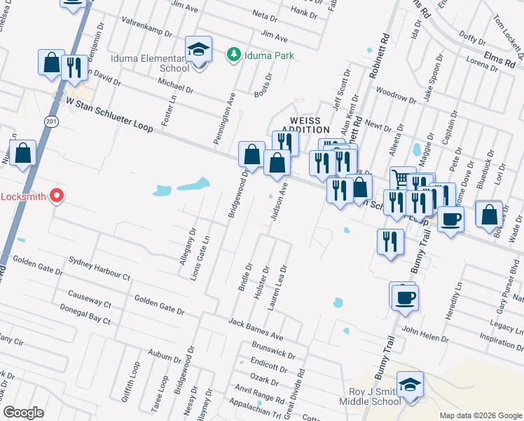 map of restaurants, bars, coffee shops, grocery stores, and more near 4204 Chaps Court in Killeen