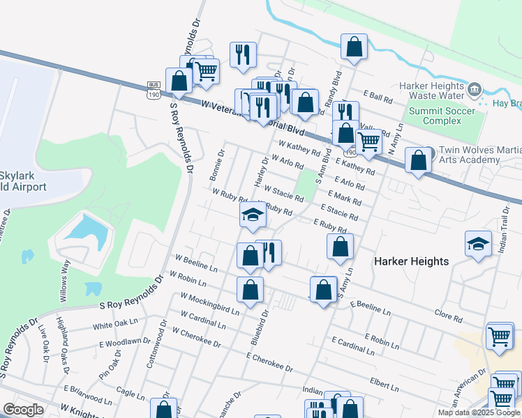 map of restaurants, bars, coffee shops, grocery stores, and more near 123 West Ruby Road in Harker Heights