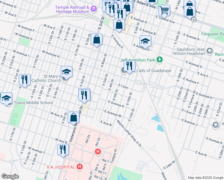 map of restaurants, bars, coffee shops, grocery stores, and more near 1001 South 4th Street in Temple