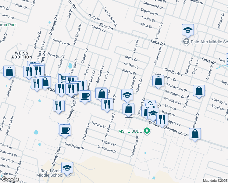 map of restaurants, bars, coffee shops, grocery stores, and more near 4507 Wade Drive in Killeen