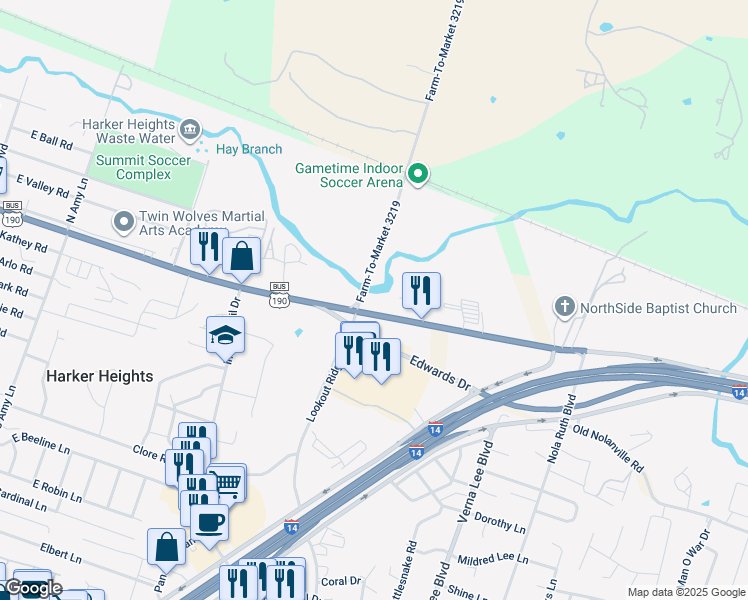 map of restaurants, bars, coffee shops, grocery stores, and more near 1211 East Veterans Memorial Boulevard in Harker Heights