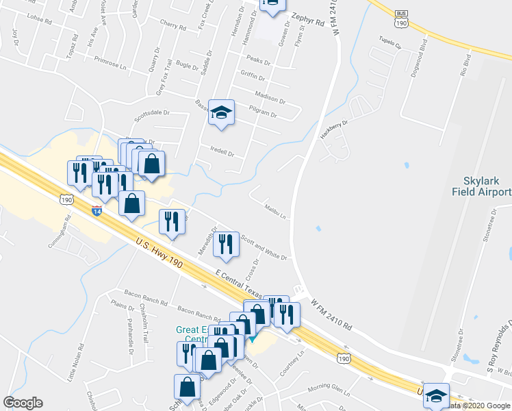 map of restaurants, bars, coffee shops, grocery stores, and more near 3612 Malibu Lane in Killeen