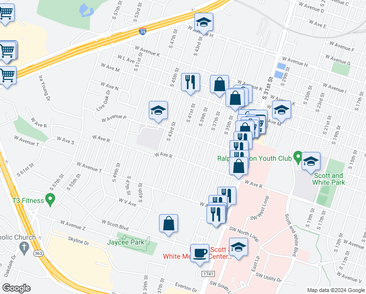 map of restaurants, bars, coffee shops, grocery stores, and more near 1611 South 41st Street in Temple