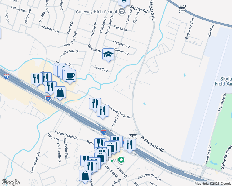 map of restaurants, bars, coffee shops, grocery stores, and more near 3700 Malibu Lane in Killeen