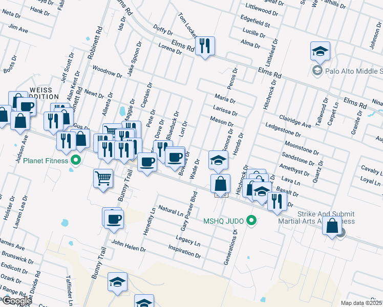 map of restaurants, bars, coffee shops, grocery stores, and more near 4508 Bowles Drive in Killeen