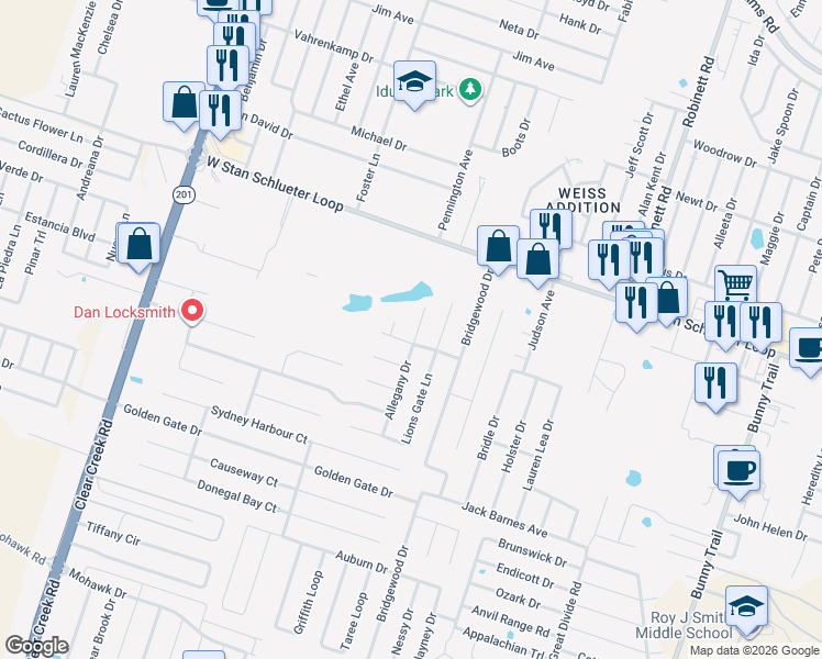 map of restaurants, bars, coffee shops, grocery stores, and more near 4608 Black Forest Lane in Killeen
